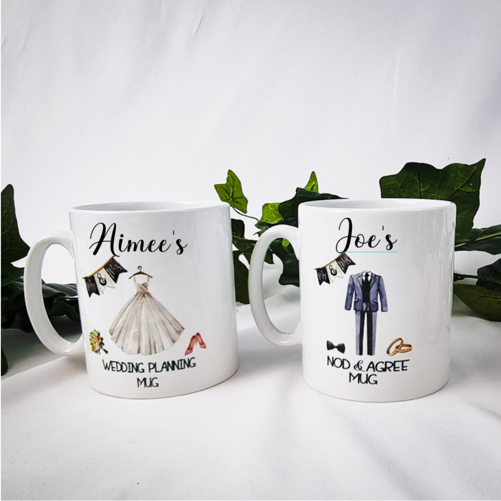 Mug set as featured in the engagement set with bride dress  on one mug and grooms suit on the other