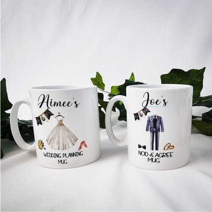 Mr and Mrs Mugs with picture of brides dress on one mug and groom's suit on the other. 