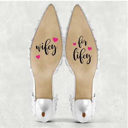 Personalised vinyl for wedding shoes with Wifey and Lifey and pink hearts
