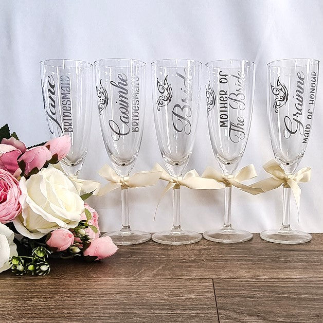 Personalised bridal party champagne flutes used on the wedding morning